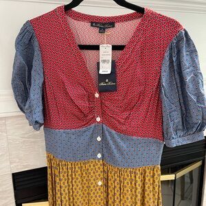 Brooks Brothers Red Blue Yellow Maxi Sundress Casual Scoop Neck Puff Sleeves